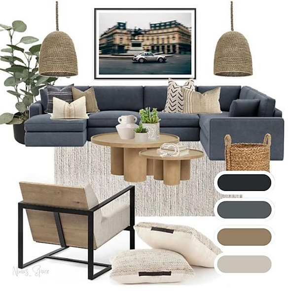 A real e-design mood board: a slate sectional, rattan pendants, a round oak table, textured cushions and a four-chip colour palette down one side.
